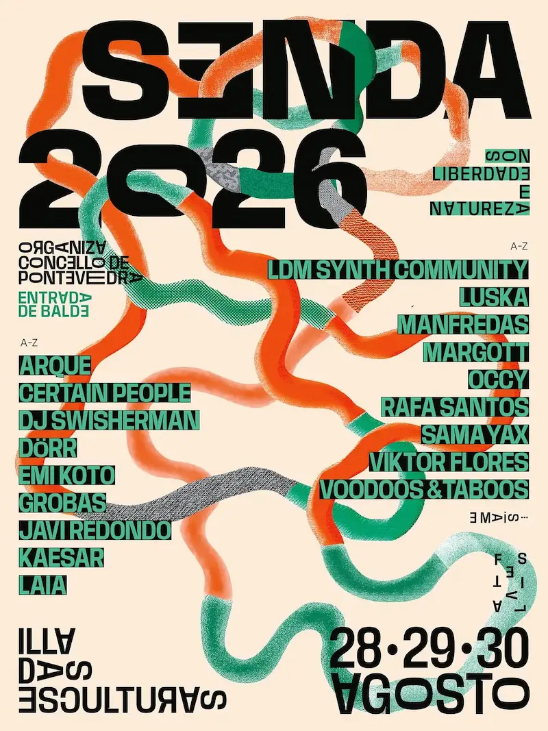 Cartel del festival Senda 2026 en Pontevedra del 28 al 30 de agosto con los DJs