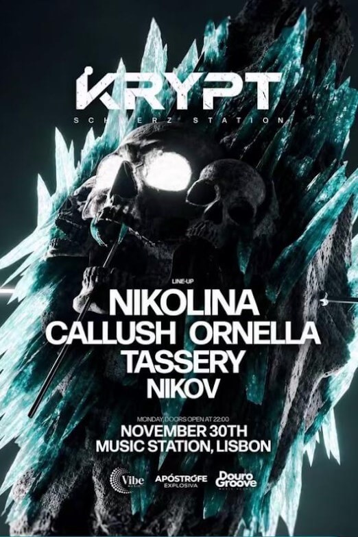 Fiesta KRYPT - Schranz Station, el lunes 30 de noviembre de 2026 en Lisboa, Portugal. Apertura de puertas a las 22:00 h. Djs: Nikolina. Callush. Tassery. Nikov.