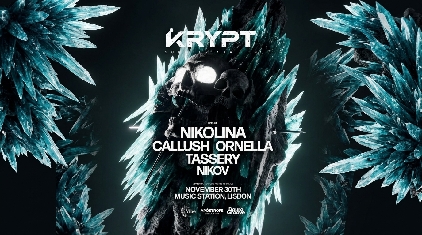 Fiesta KRYPT - Schranz Station, el lunes 30 de noviembre de 2026 en Lisboa, Portugal. Apertura de puertas a las 22:00 h. Djs: Nikolina. Callush. Tassery. Nikov.