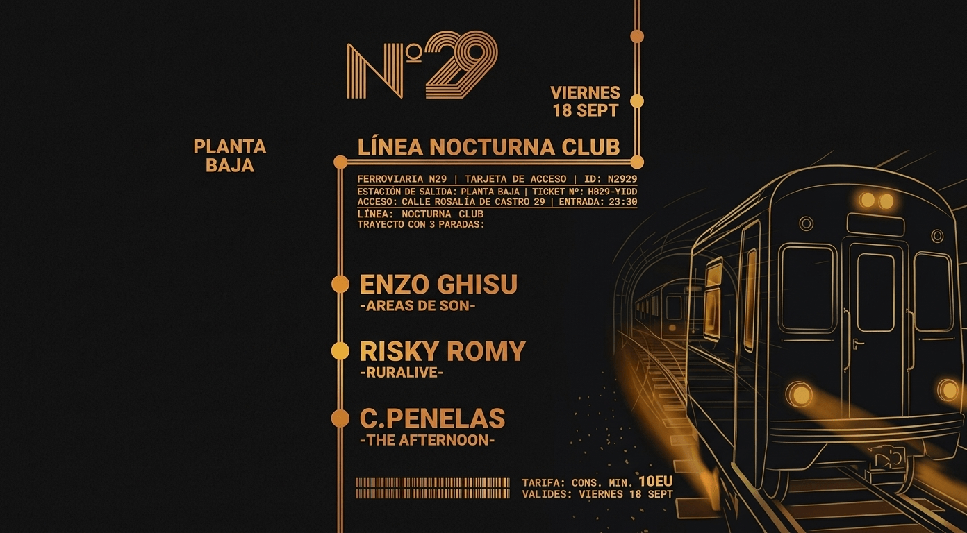 Fiesta Linea Nocturna Club N 29, en Rosalía de Castro 29, Vigo. El 18 de septiembre. Djs Enzo Ghisu. Risky Romy. Cristian Penelas.
